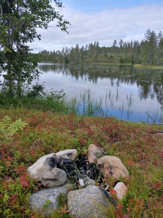 Stenläggning vid sjökant med skog i bakgrunden och spegling i vattnet.