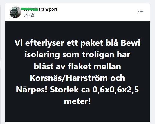 Skärmdump från Facebook med en eftersökan av blått Bewi-isoleringspaket förlorat under transport.