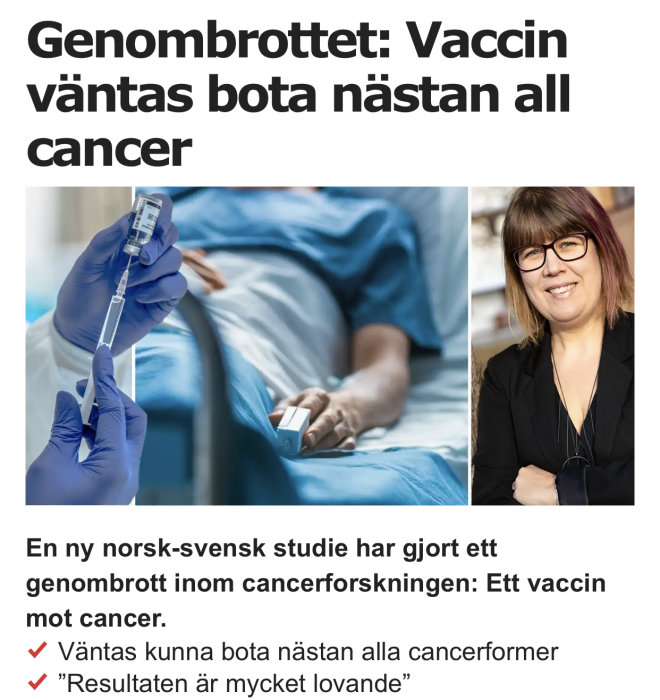 En person fyller en spruta från en medicinflaska med artikeltext om vaccingenombrott mot cancer.