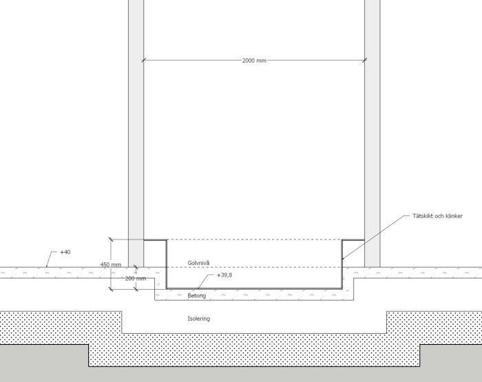 Teknisk ritning av ett platsbyggt badkar med mått och detaljer för konstruktion med betong, isolering och tätskikt.