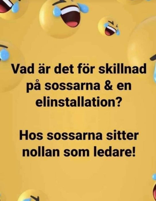 Gul bakgrund med skämtande text och emoji som skrattar.