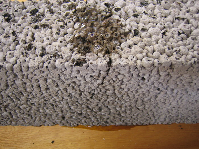 Närbild på spricka i en grå isolervägg som uppstått på grund av väderpåverkan