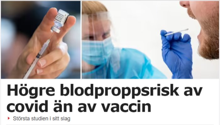 Nyhetstitel om studie med högre risk för blodproppar av covid än vaccin, bild av spruta och PCR-testning.