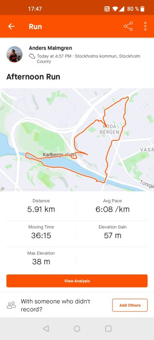 Skärmdump av löpapp med karta som visar en 5.91 km lång runda i Stockholm och löpstatistik.