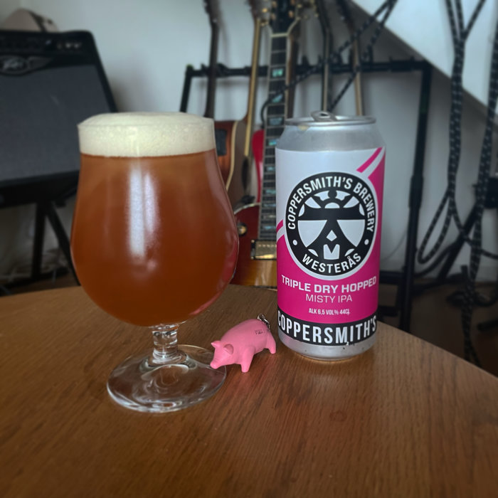 Ett ölglas med skummad öl framför en burk av Coopersmith's Brewery Westeras Misty IPA och en liten rosa figur, med gitarrer i bakgrunden.