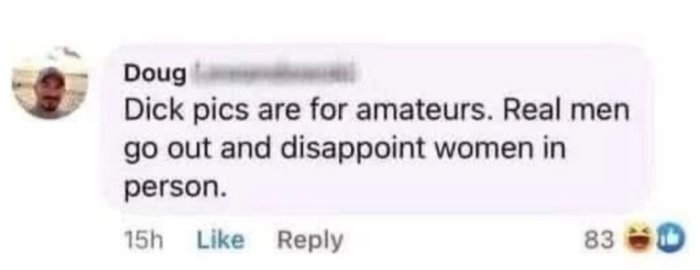 Skärmdump av ett socialt medieinlägg med en sarkastisk kommentar om män och besvikelse.
