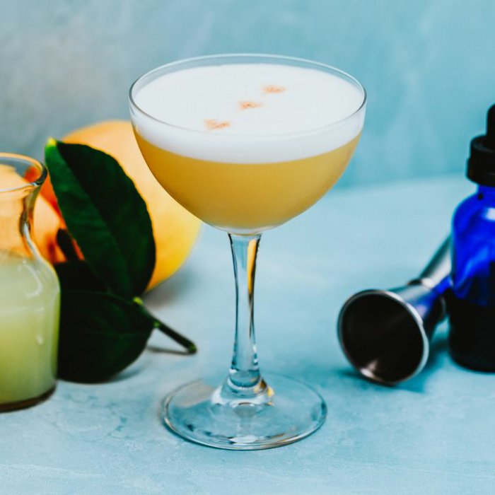 Cocktail i cocktailglas med skummad topp och kryddbeströning, jigger och citrusfrukter i bakgrunden.
