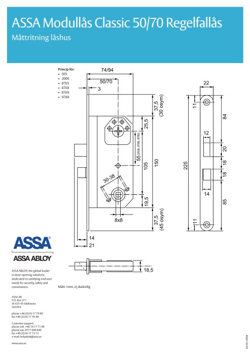 Ritning av ASSA Modullås Classic 50/70 med mått för läsare av låshusinstallation.