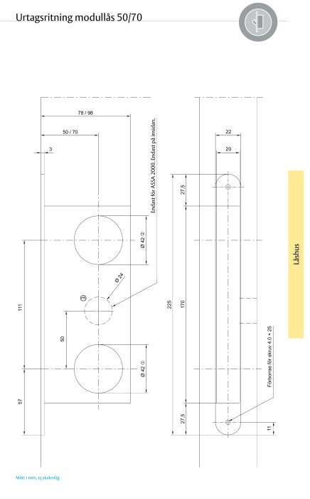 Teknisk ritning av urtag för modullås 50/70 med måttangivelser och detaljer för installation.
