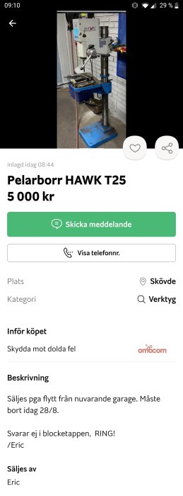 Pelarborr HAWK T25 i ett garage säljs på annonssida, med pris och kontaktinformation.