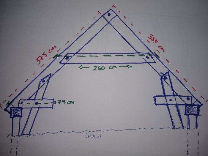 Handritad skiss av takbjälklag med måttangivelser och markerade områden utan bjälkar.