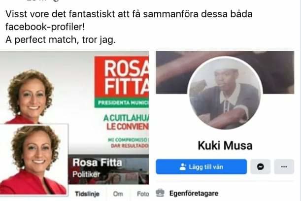 Skärmdump av två Facebook-profiler med namnen Rosa Fitta och Kuki Musa, med en kommentar som nämner dem som en perfekt match.