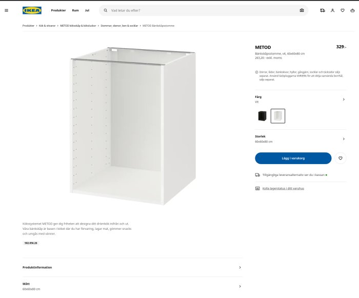 IKEA METOD köksstomme på en webbsida, vit, med beskrivning och pris.