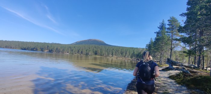 Kvinnlig vandrare med ryggsäck blickar mot en kulle vid en skogsbeklädd sjö under en klar blå himmel.