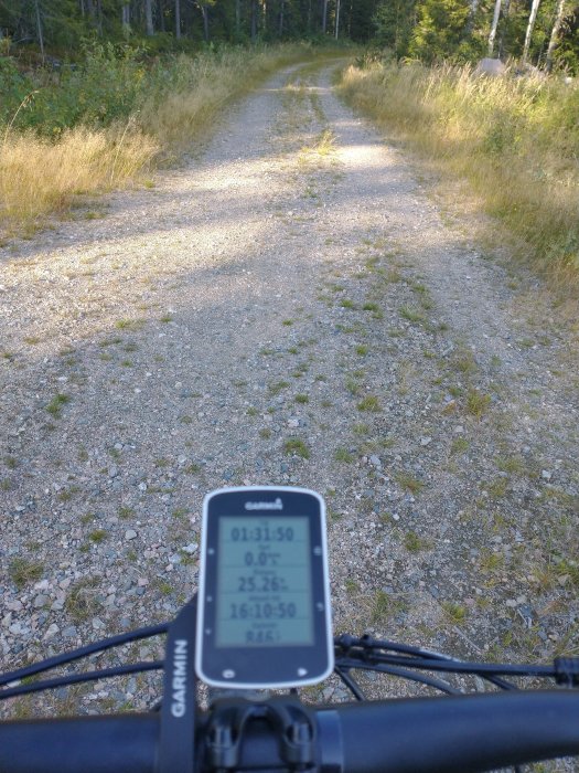 Cykeldator på styret med tid och data, skogsväg framåt i naturlandskap.