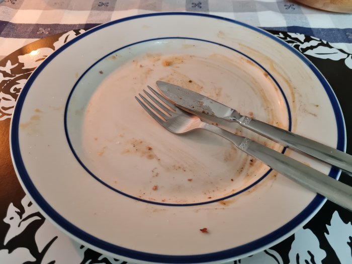 Tom tallrik med smulor efter en måltid med bestick ovanpå, på ett bord med rutig duk.