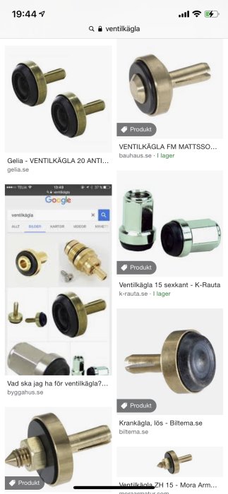 Olika modeller av ventilkäglor i metall, avsedda för blandare, visas i en sökmotorresultatsida.