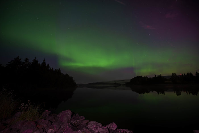 Norrsken med gröna och lila nyanser över en lugn sjö speglande himlen, inramad av mörka träd och stenar.