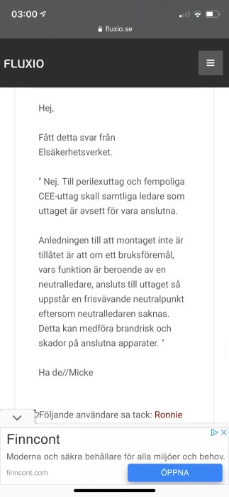 Skärmdump av diskussionsforum med text om installationsråd för perilexuttag utan neutralledare.