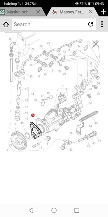 Exploded diagram of a tractor fuel pump system with numbered parts for reassembly reference.