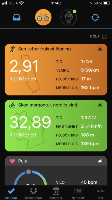 Skärmbild av träningsapp som visar statistik för löpning och cykling med distans, tid, tempo, höjdökning och puls.