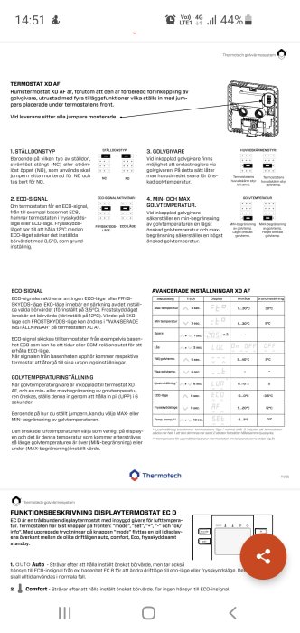 Skärmdump av manual för termostaten XD AF med instruktioner och inställningar.