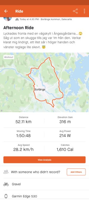 Cykelträningsdata med karta över turen i Borlänge, distans 52.11 km, tid och energiförbrukning.