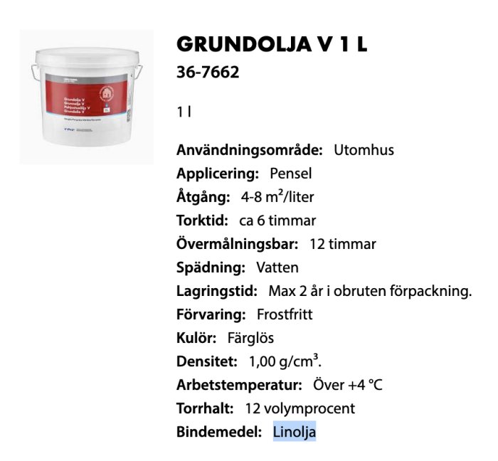 Hink med Grundolja V från Biltema och produktinformation som anger linolja som bindemedel.