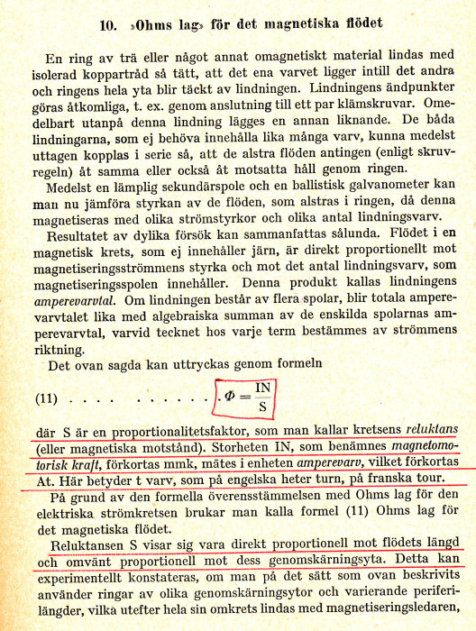 Skannad sida ur en svensk elektricitetslärebok som beskriver 'Ohms lag för det magnetiska flödet'.