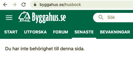 Skärmbild med meddelande "Du har inte behörighet till denna sida" på bygghus.se webbplats.