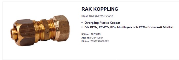 Bild av Vatette rak koppling i mässing för övergång från plast till koppar, märkt med dimensioner och RSK-nummer.