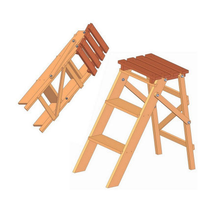 3D-ritning av en hopfällbar trästege i utfällt och ihopfällt läge.