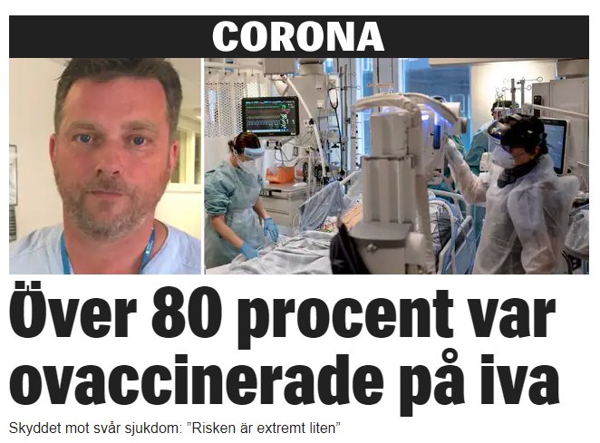 Sjukhuspersonal i skyddsutrustning arbetande på en intensivvårdsavdelning, text om vaccinationseffekt.