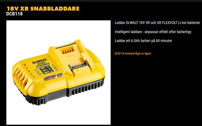DeWALT 18V XR snabbladdare, modell DCB118, gult och svart, avsedd för XR och FLEXVOLT Li-ion batterier.