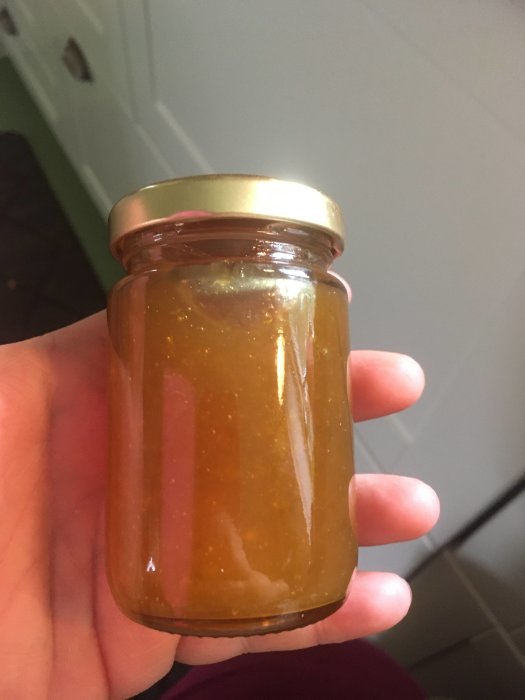 Hand håller ett glasburk med hemgjord plommonmarmelad.