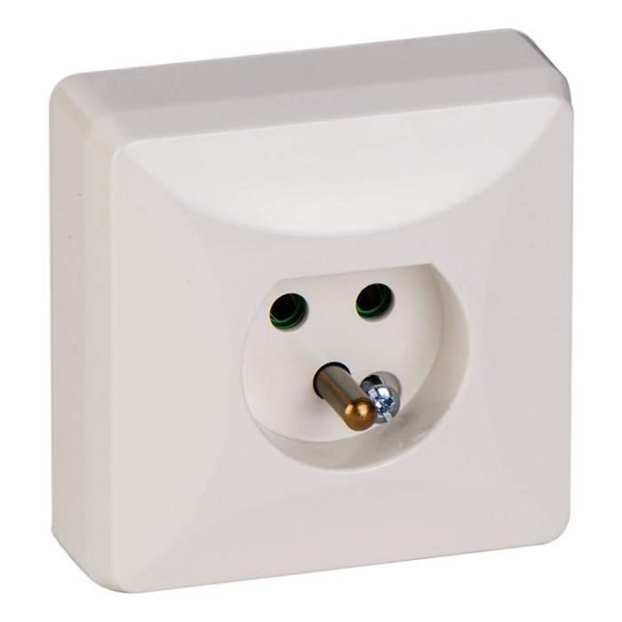 Ojordad väggkontakt med två hål för stiften och en pinne för jordning.