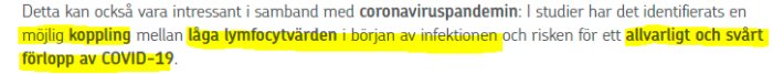 Text markerad i gult som diskuterar möjlig koppling mellan låga lymfocytvärden och allvarlig COVID-19.