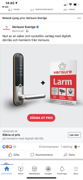 Reklambild för Verisure hemlarm med digitalt dörrlås och larmtjänster.