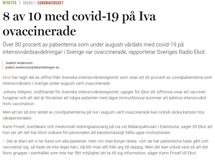 Artikel om att 8 av 10 COVID-19 patienter på IVA är ovaccinerade med statistik och citat från sjukvårdspersonal.