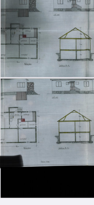 Husritningar med planvy och sektion A-A som visar källarplan, pannrum och tegelvägg i ett husbygge.