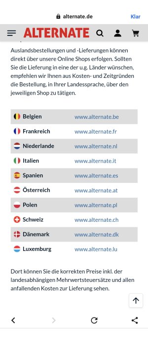 Skärmdump från Alternate.de som visar en lista över länder med flaggor och motsvarande nationella webbadresser.