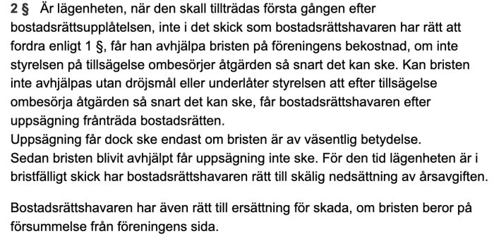 Skärmavbild av en texturklipp från bostadsrättslagen om underhållsskyldighet och rättigheter.