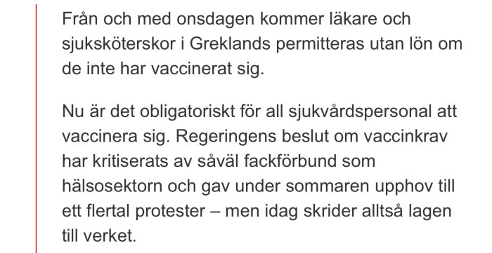 Skärmbild av en text som beskriver Greklands nya regler om obligatorisk vaccination för sjukvårdspersonal.