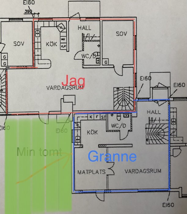 Ritning över parhus med markerade tomter och "Jag" samt "Granne" för att visa ansvarsområden.