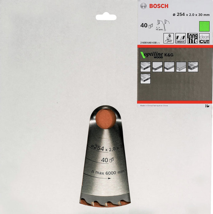 Bosch klinga för såg med specifikationer 254x2.0x30 mm, 40 tänder, max 6000 rpm.