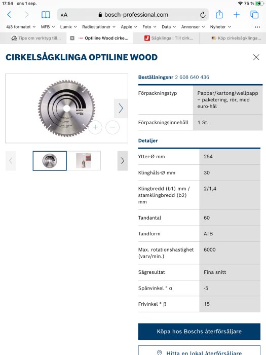 Cirkelsågklinga på produktsida med specifierade mått och tandform ATB.