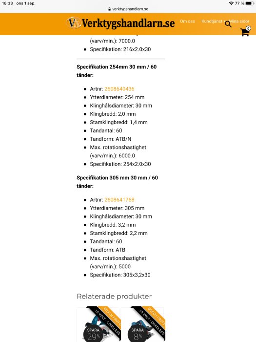 Skärmdump från Verktygshandlarn.se som visar specifikationer för cirkelsågklingor och relaterade produkter.