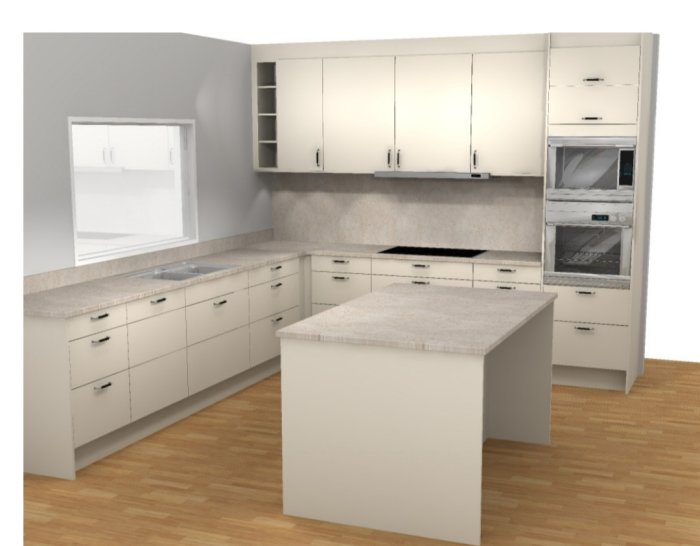 3D-ritning av ett planerat kök med vita skåpluckor, en ö och inbyggda vitvaror.