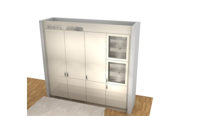 3D-rendering av ett planerat Marbodal kök med skåp och hyllor.