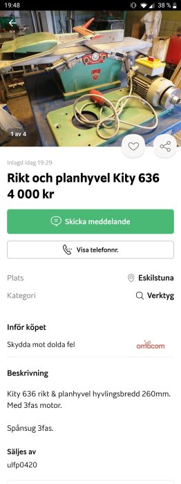 Rikt och planhyvel Kity 636 och spånsug synliga i ett verkstadsutrymme, verktyg och sladdar runtomkring.